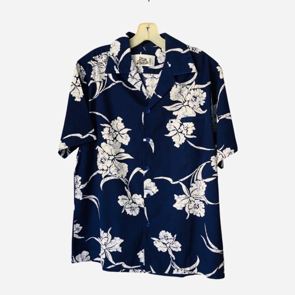 Vintage Hilo Hattie Hawaiian Shirt Blue Floral Short Sleeve Button Down Men L